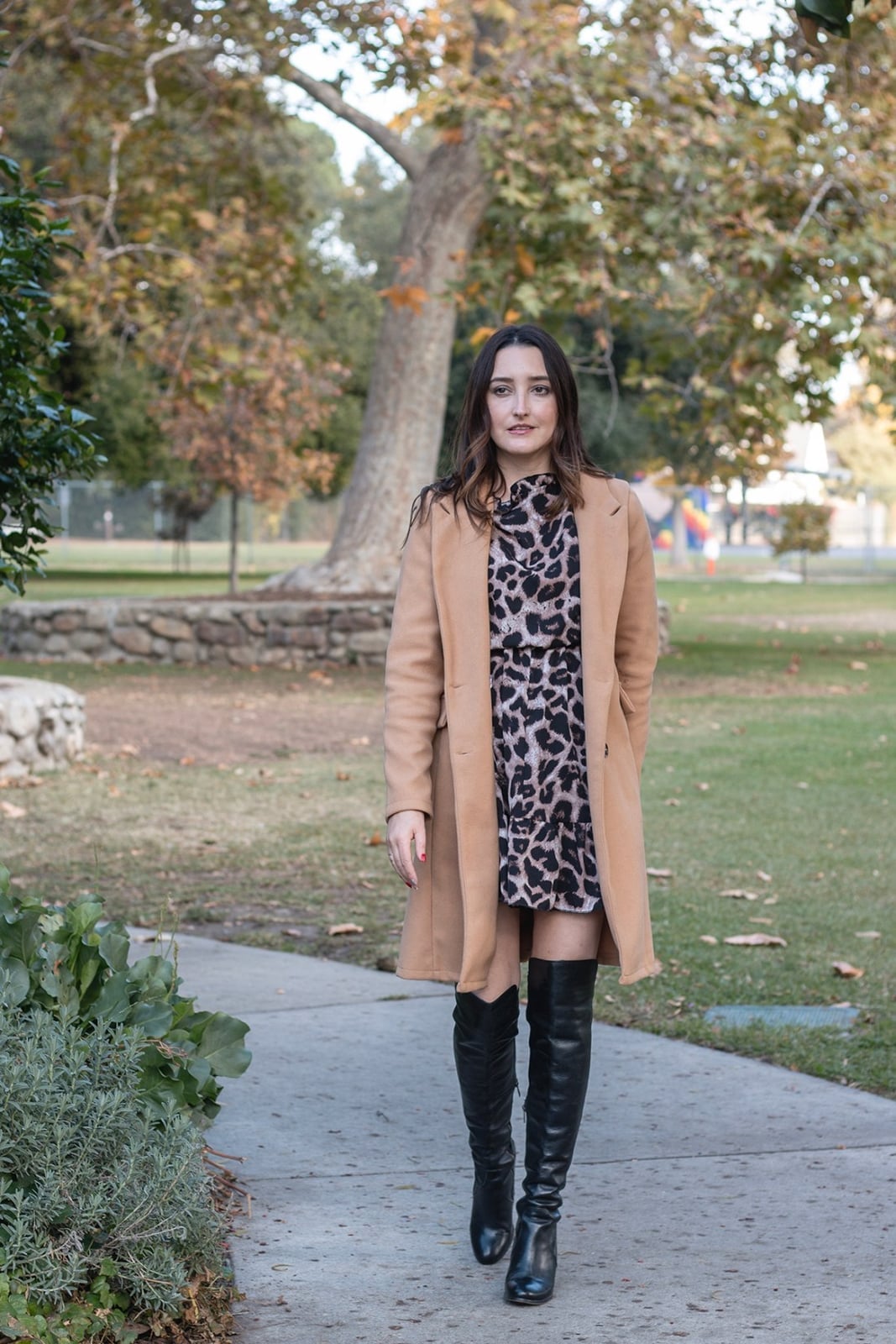 Camel Coat Over Leopard Print Mini Dress Camel Coat Over Leopard Print Mini Dress — Trendy Animal Print Outfits