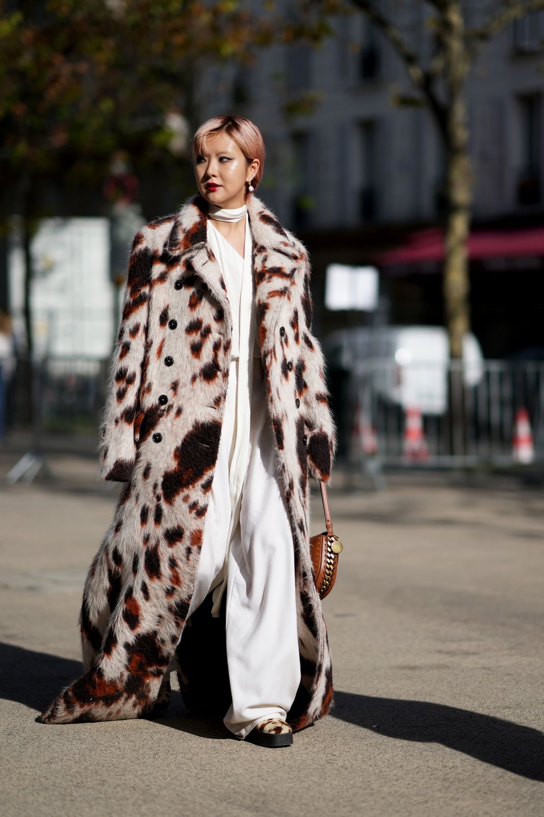 Cow Print Faux Fur Coat Over White Dress Cow Print Faux Fur Coat Over White Dress — Trendy Animal Print Outfits