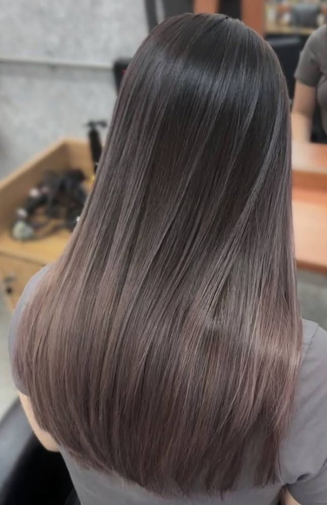 Shoulder Length Balayage With Curtain Bangs — Trendy Ash Brown Hair