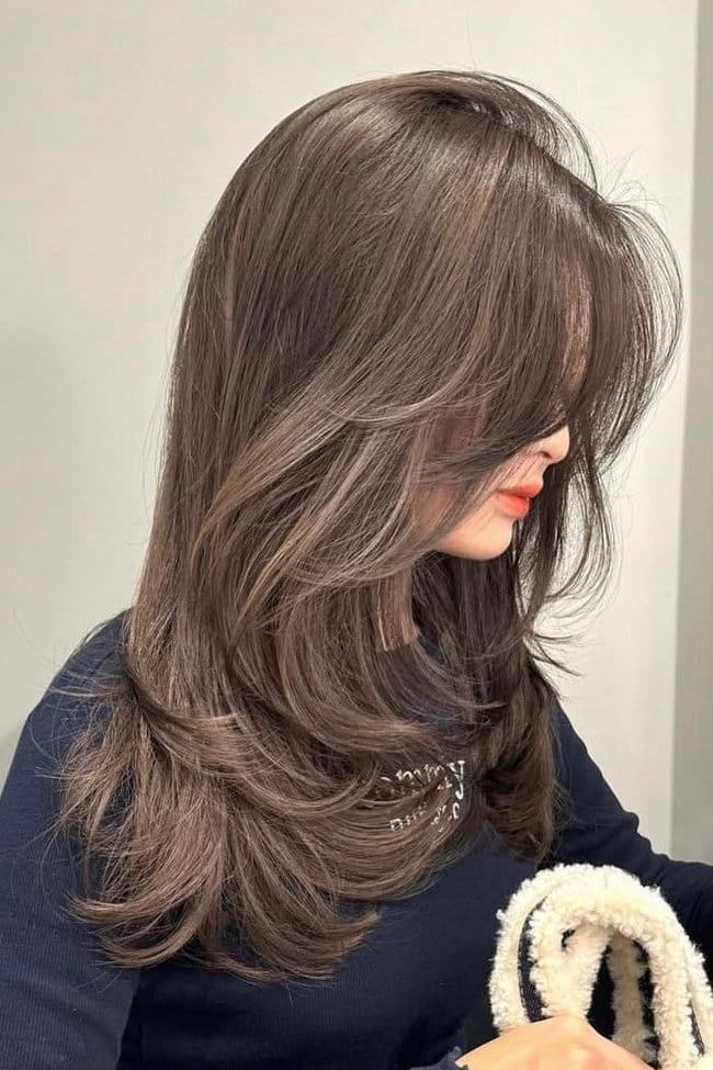 Medium Layered Cut With See-Through Bangs — Trendy Ash Brown Hair