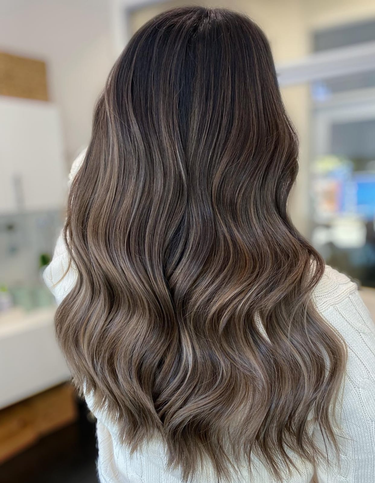 Mid-Back Waves With Subtle Ash Highlights — Trendy Ash Brown Hair
