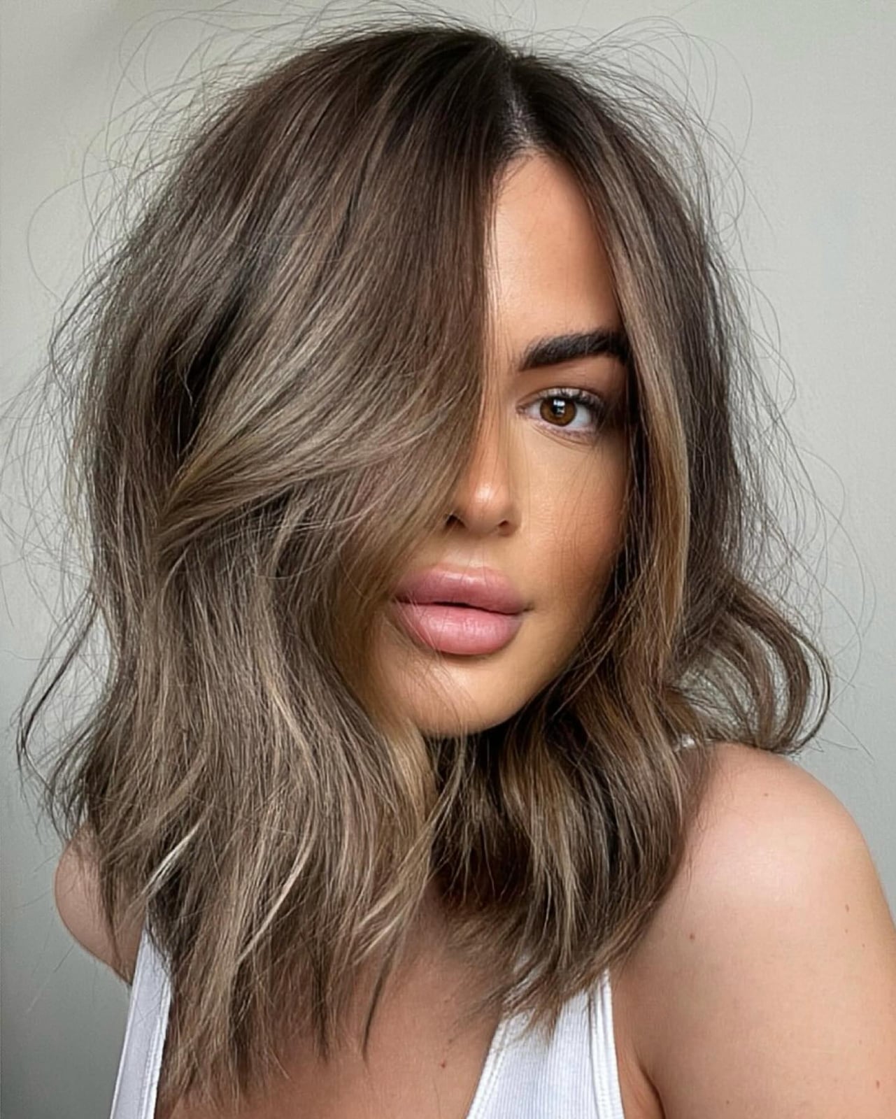 Lob With Side Swept Bangs — Trendy Ash Brown Hair