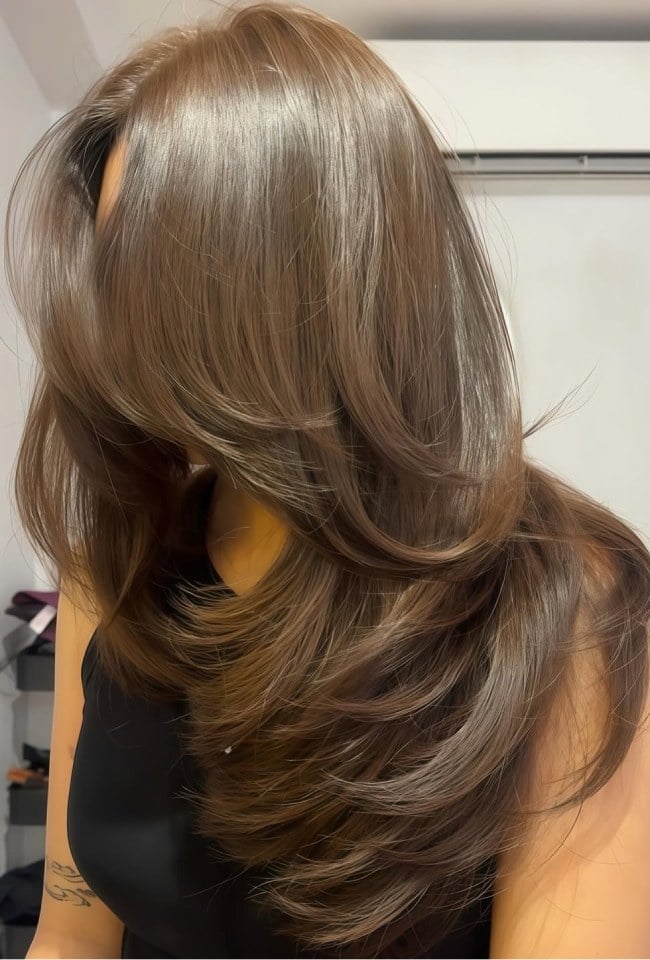 Mid-Back Straight Ash Brown With Face Framing — Trendy Ash Brown Hair