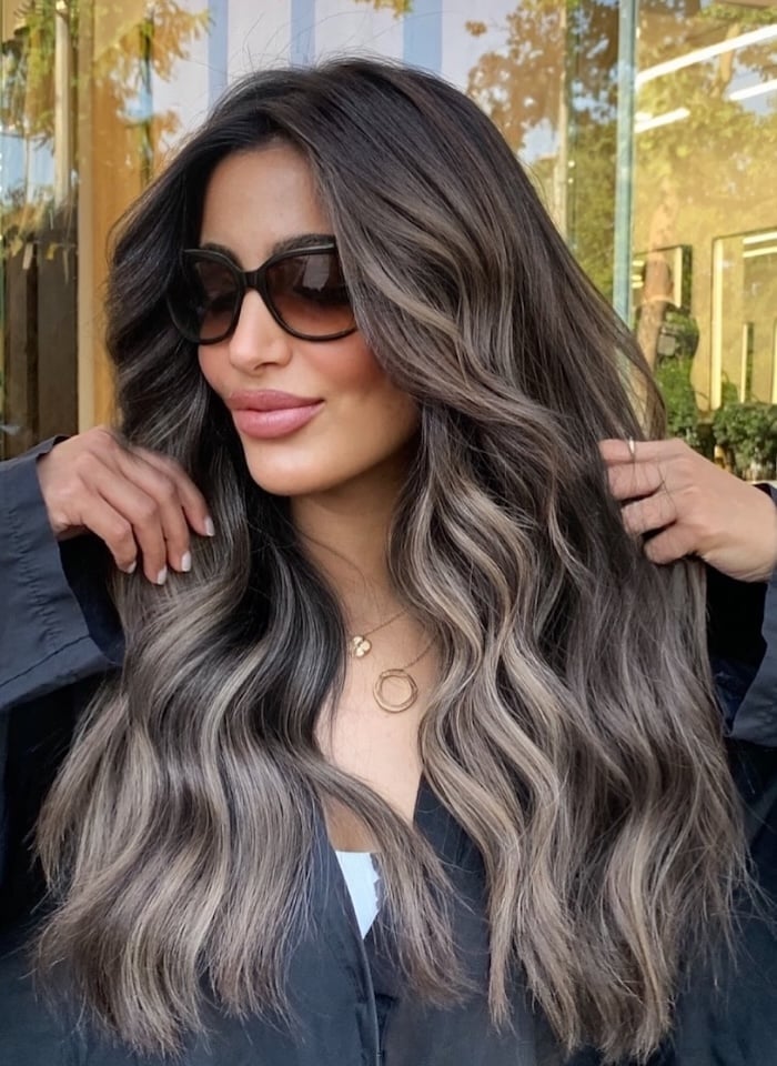 Mid-Back Ash Blonde Balayage With Curtain Bangs — Trendy Ash Brown Hair