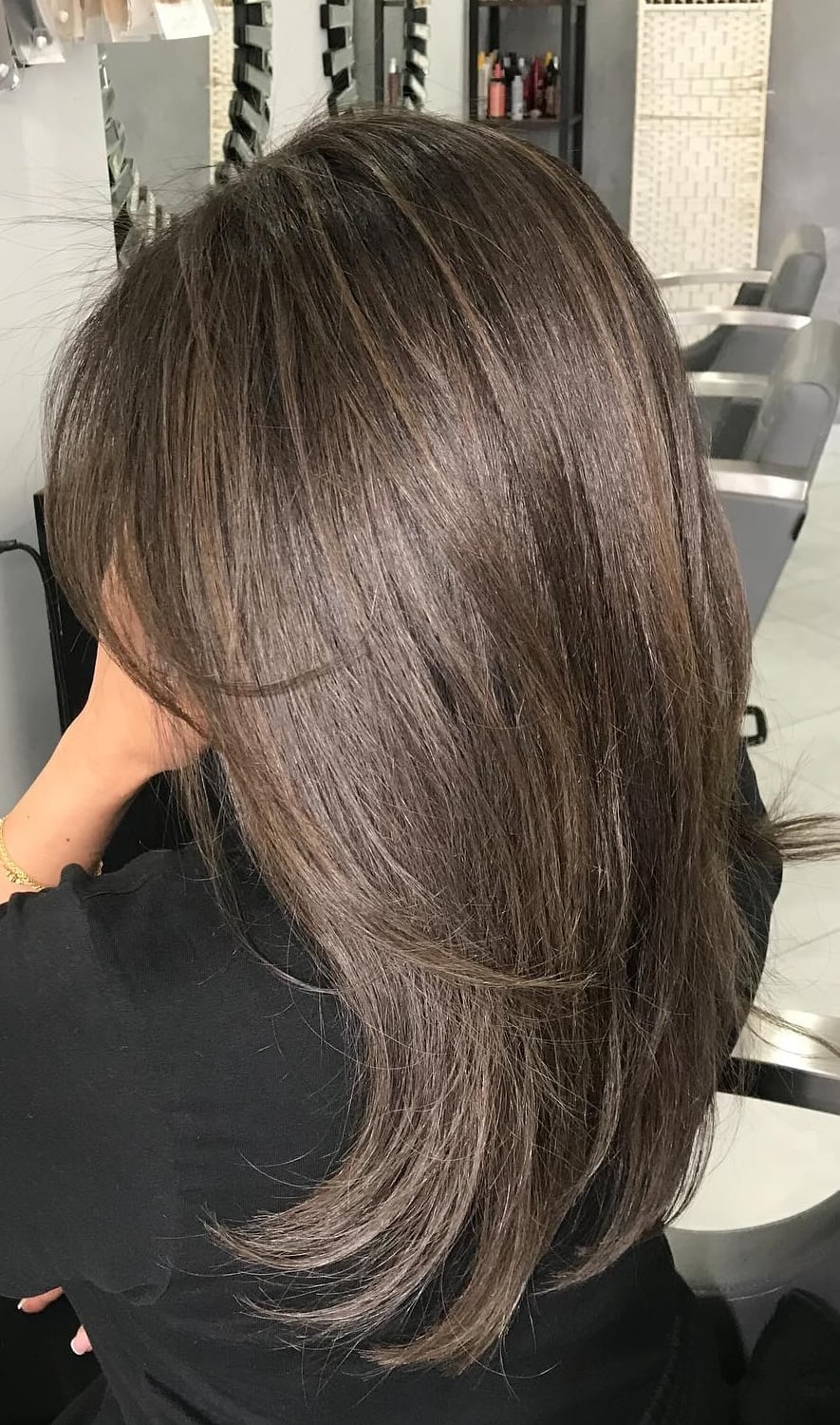Mid-Back Glossy Waves With Silver Balayage — Trendy Ash Brown Hair