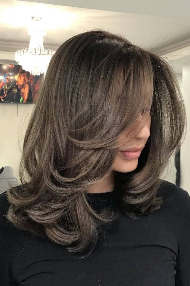 Shoulder Length Layers With Ash Brown Balayage — Trendy Ash Brown Hair