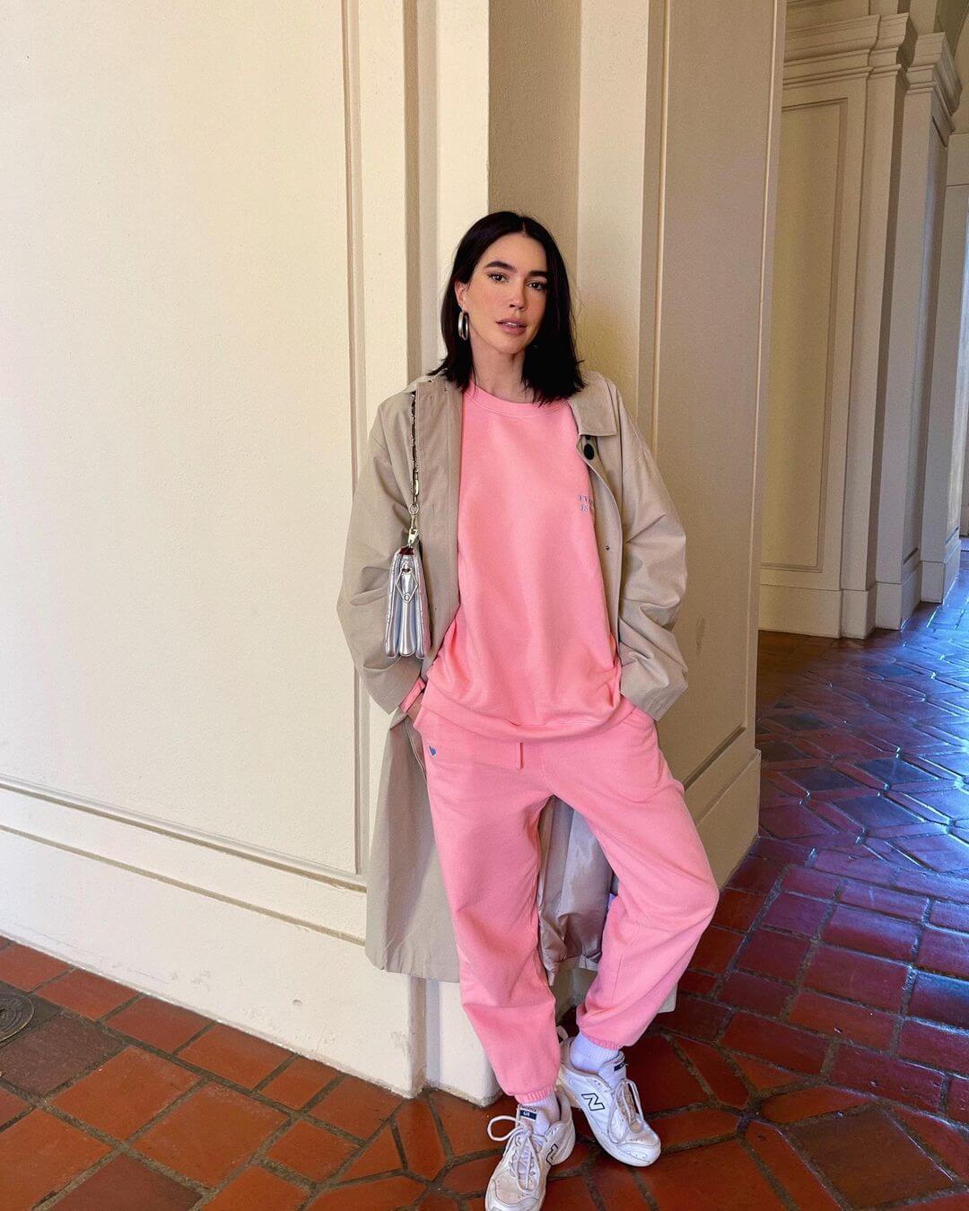 Pink Sweat Set Under Beige Trench Coat — Trendy Athleisure Outfits