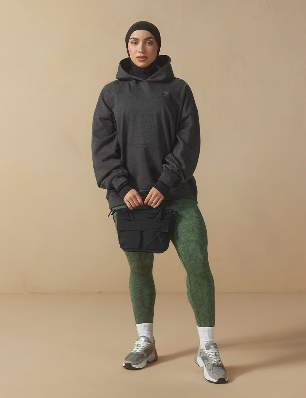Grey Hoodie with Olive Green Patterned Leggings — Trendy Athleisure Outfits