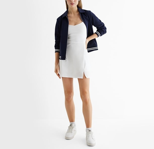 Navy Bomber Jacket with Mini Dress and Sneakers — Trendy Athleisure Outfits