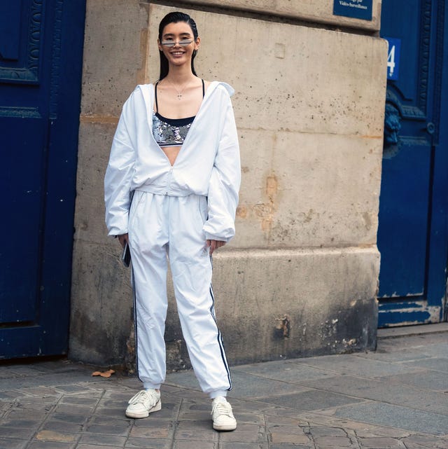 White Tracksuit with Sequined Sports Bra — Trendy Athleisure Outfits