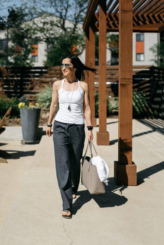 Halter Tank with Wide Leg Grey Pants and Flip-Flops — Trendy Athleisure Outfits