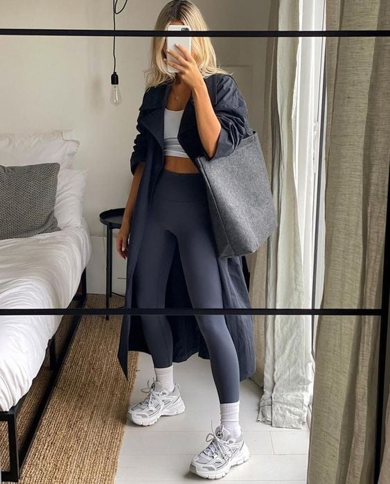 Long Grey Coat Over Grey Sports Bra and Leggings — Trendy Athleisure Outfits