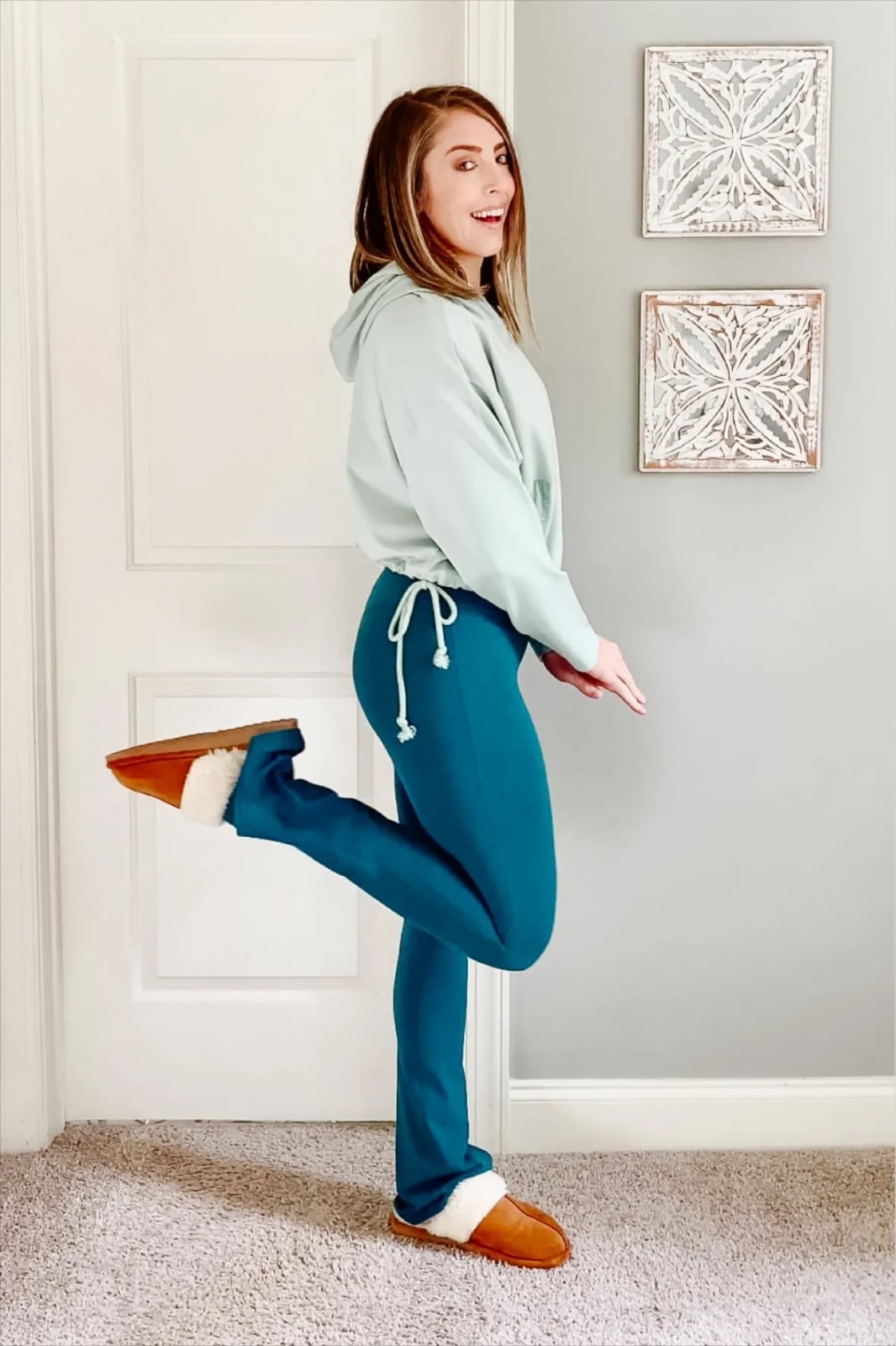 Light Blue Hoodie with Teal Flared Leggings — Trendy Athleisure Outfits