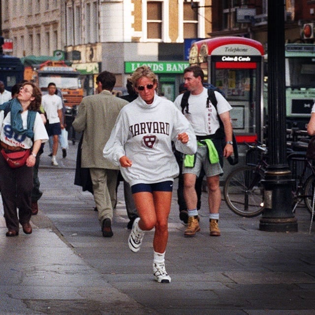 Grey Harvard Sweatshirt with Blue Athletic Shorts — Trendy Athleisure Outfits
