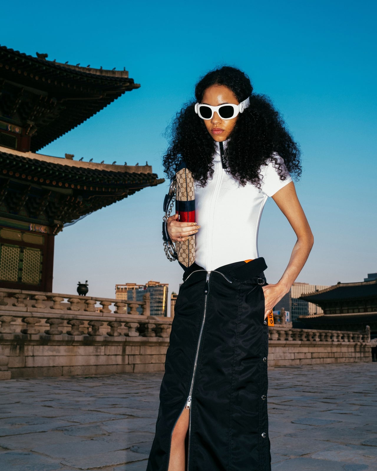 Zip-neck Top with Black Maxi Skirt and Headband — Trendy Athleisure Outfits
