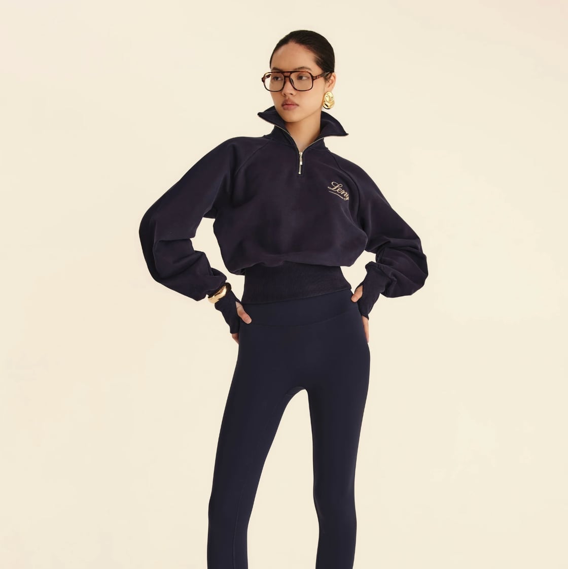 Navy Fleece Zip-Up and Ribbed Knit Leggings — Trendy Athleisure Outfits