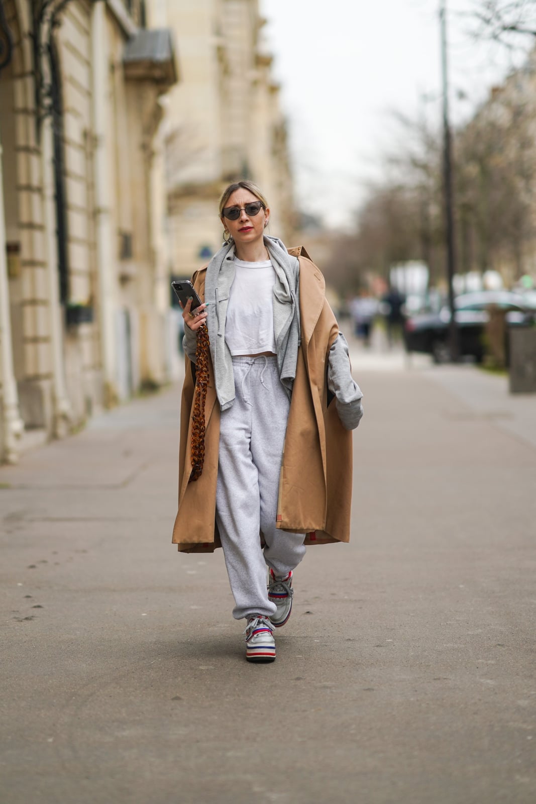 Camel Trench Coat with Grey Hoodie and Sweatpants — Trendy Athleisure Outfits