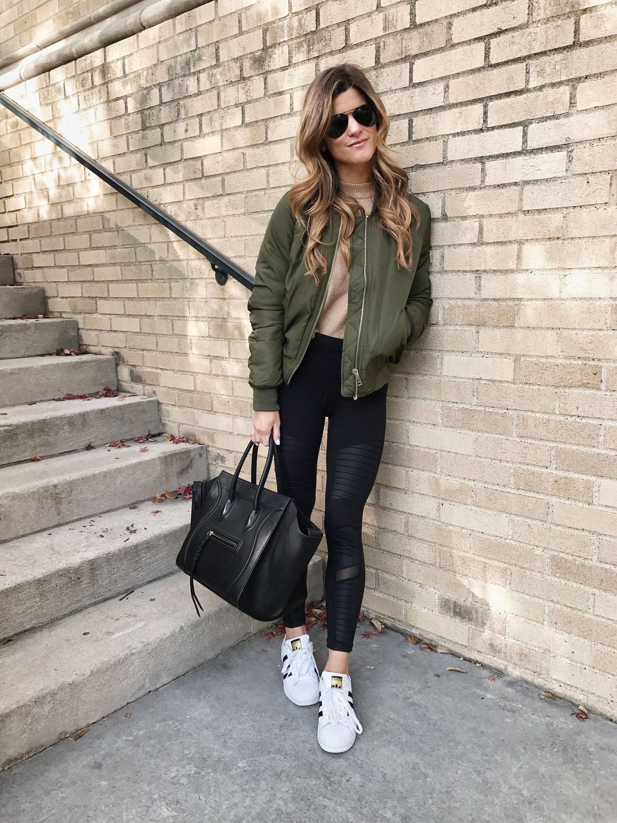 Olive Green Bomber Jacket with Turtleneck and Moto Leggings — Trendy Athleisure Outfits