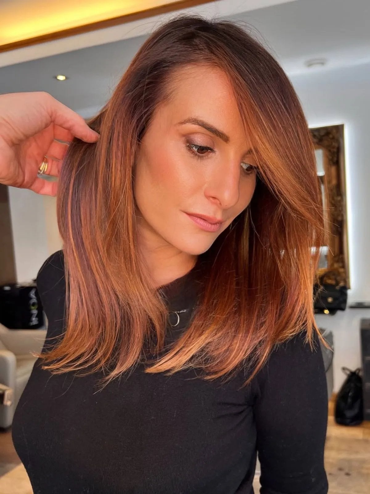 Warm Auburn Mid-Back With Subtle Highlights, Wavy Warm Auburn Mid-Back With Subtle Highlights, Wavy — Trendy Auburn Hair Color