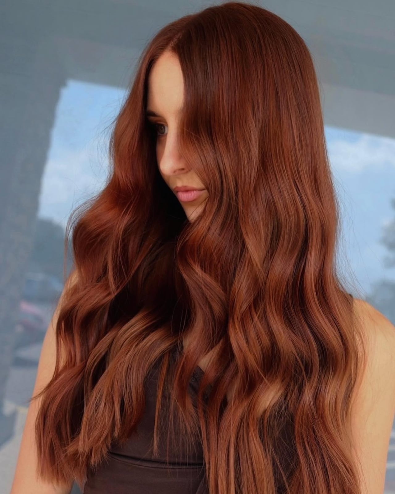 Luminous Copper Auburn Mid-Back Waves, Wavy Luminous Copper Auburn Mid-Back Waves, Wavy — Trendy Auburn Hair Color