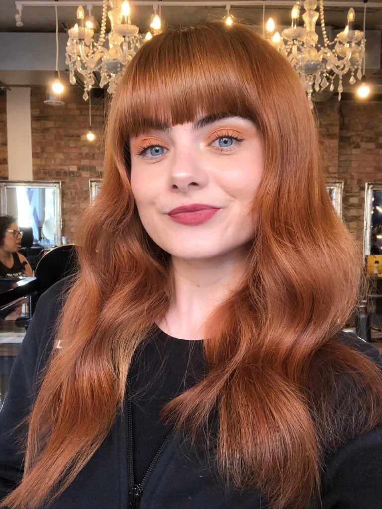 Bright Copper Auburn Collarbone Lob With Curtain Bangs Bright Copper Auburn Collarbone Lob With Curtain Bangs — Trendy Auburn Hair Color