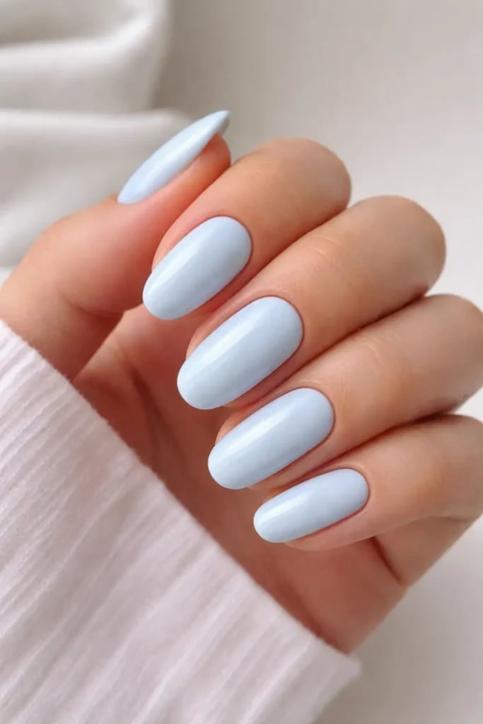Glossy Light Baby Blue Short Oval Nails Glossy Light Baby Blue Short Oval Nails — Trendy Baby Blue Nails