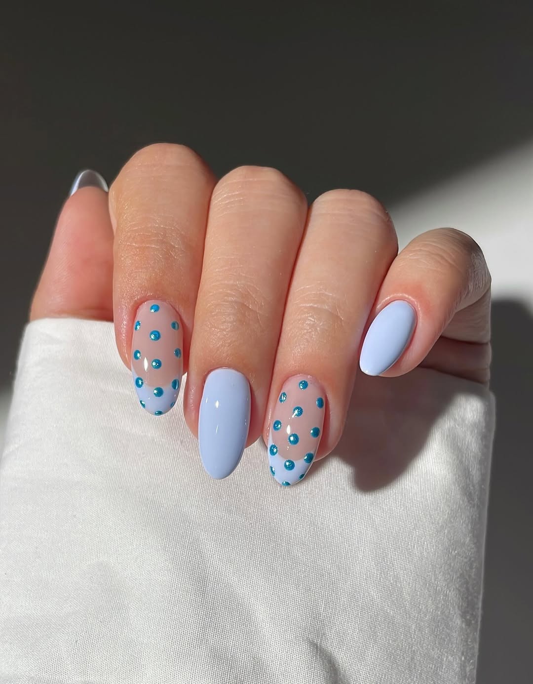 Baby Blue Solid Bright Blue Polka Dot Medium Almond Nails Baby Blue Solid Bright Blue Polka Dot Medium Almond Nails — Trendy Baby Blue Nails