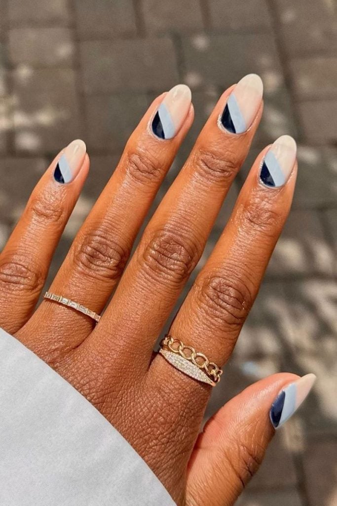 Nude Base Geometric Baby Blue Navy Beige Short Oval Nails Nude Base Geometric Baby Blue Navy Beige Short Oval Nails — Trendy Baby Blue Nails