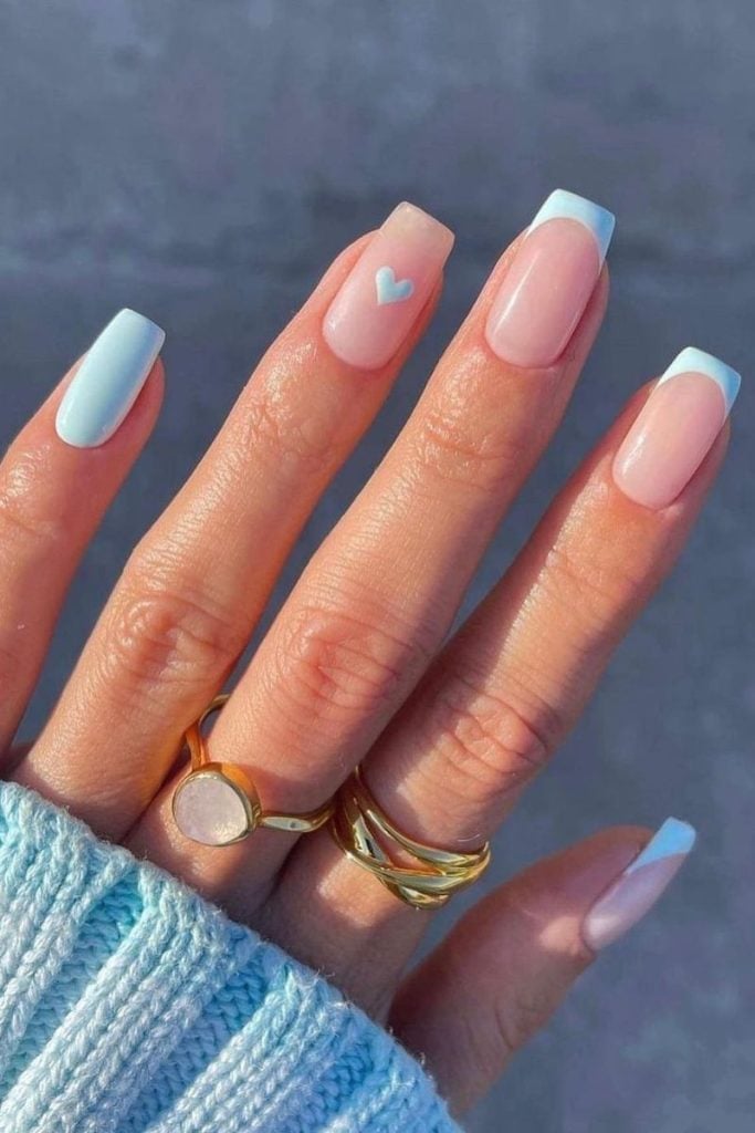 Sheer Pink Light Blue Heart French Medium Square Nails Sheer Pink Light Blue Heart French Medium Square Nails — Trendy Baby Blue Nails