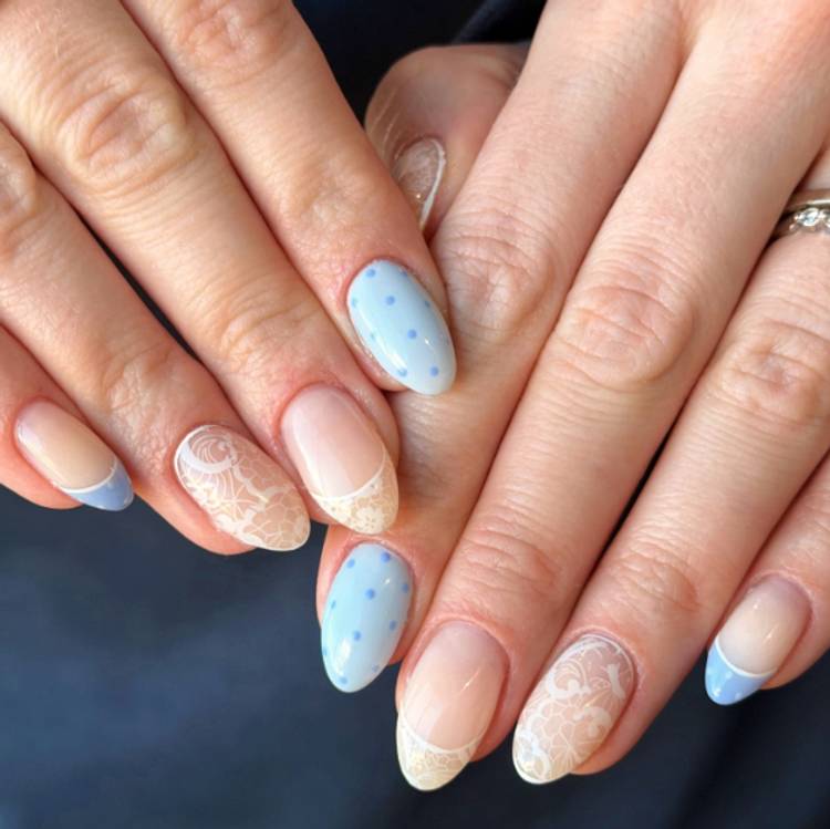 Nude Lace Baby Blue French Matte Glossy Oval Nails Nude Lace Baby Blue French Matte Glossy Oval Nails — Trendy Baby Blue Nails