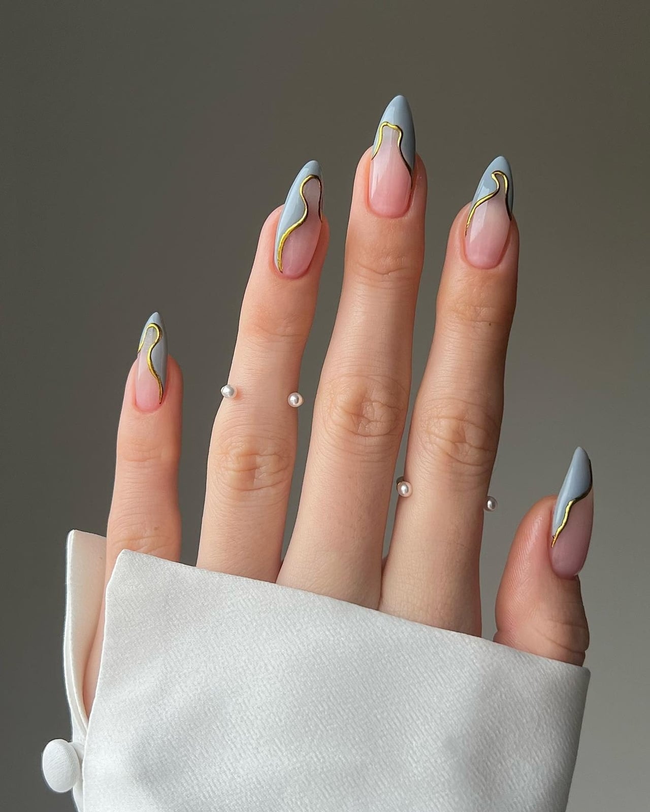 Long Stiletto Sheer Pink Grey Blue Gold Line Art Nails Long Stiletto Sheer Pink Grey Blue Gold Line Art Nails — Trendy Baby Blue Nails
