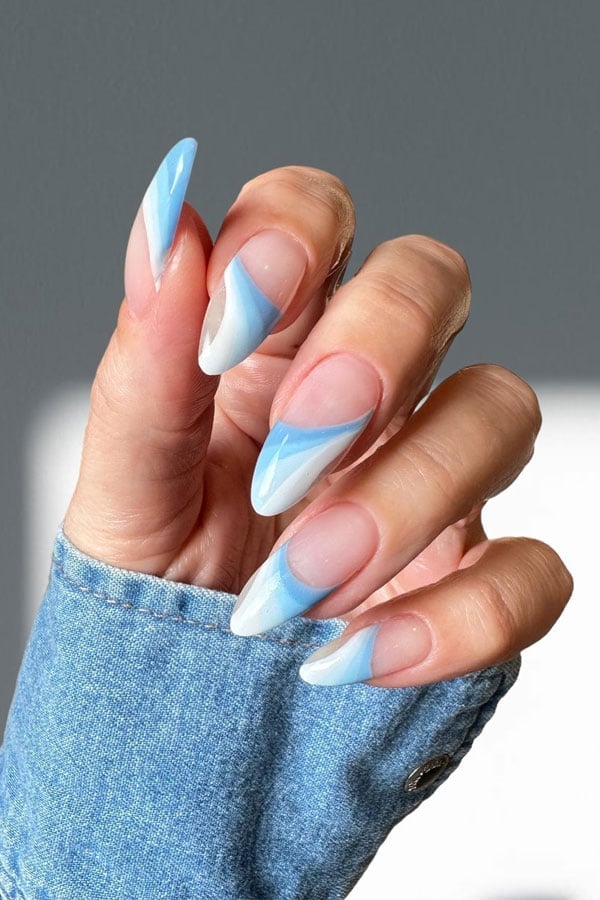 Long Almond Wavy Blue White Tip French Nails Long Almond Wavy Blue White Tip French Nails — Trendy Baby Blue Nails