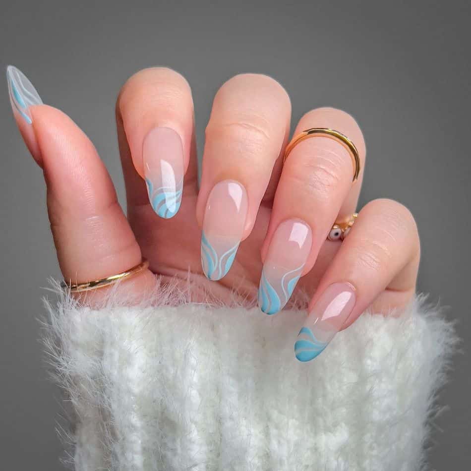 Long Almond Sheer Pink Light Blue Wavy Line Nails, Glossy Long Almond Sheer Pink Light Blue Wavy Line Nails, Glossy — Trendy Baby Blue Nails