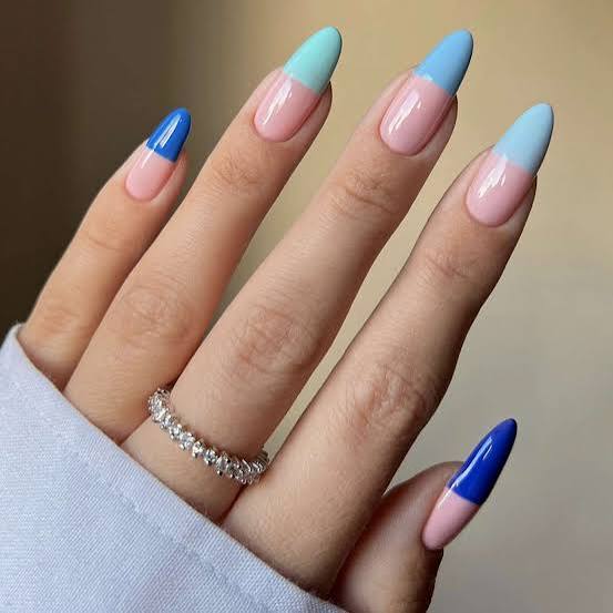 Sheer Pink Color Block Royal Blue Baby Blue Almond Nails Sheer Pink Color Block Royal Blue Baby Blue Almond Nails — Trendy Baby Blue Nails