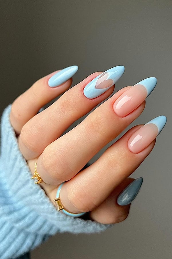 Sheer Nude Baby Blue French Tip Heart Accent Nails Sheer Nude Baby Blue French Tip Heart Accent Nails — Trendy Baby Blue Nails