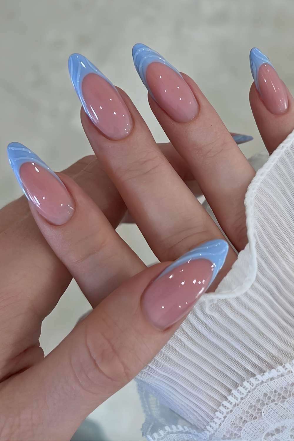 Sheer Pink Baby Blue French Tip Long Oval Nails Sheer Pink Baby Blue French Tip Long Oval Nails — Trendy Baby Blue Nails