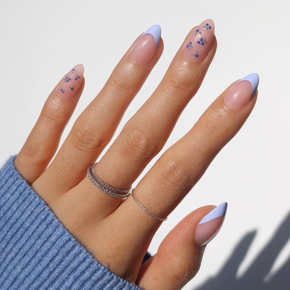 Sheer Nude Light Blue Floral French Medium Almond Nails Sheer Nude Light Blue Floral French Medium Almond Nails — Trendy Baby Blue Nails