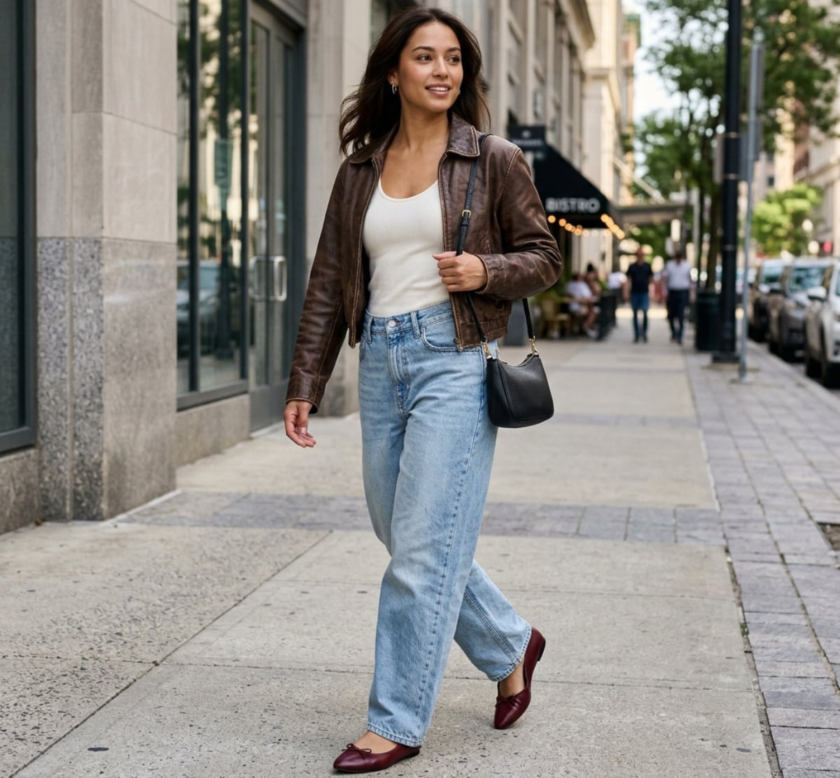 Light Wash Baggy Jeans With Leather Jacket And Loafers — Trendy Baggy Jeans Outfits