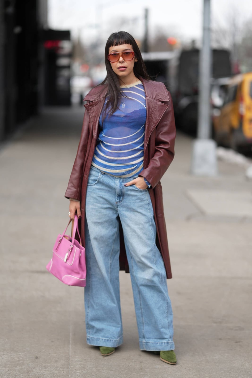 Wide Leg Baggy Jeans With Sheer Top And Leather Coat — Trendy Baggy Jeans Outfits