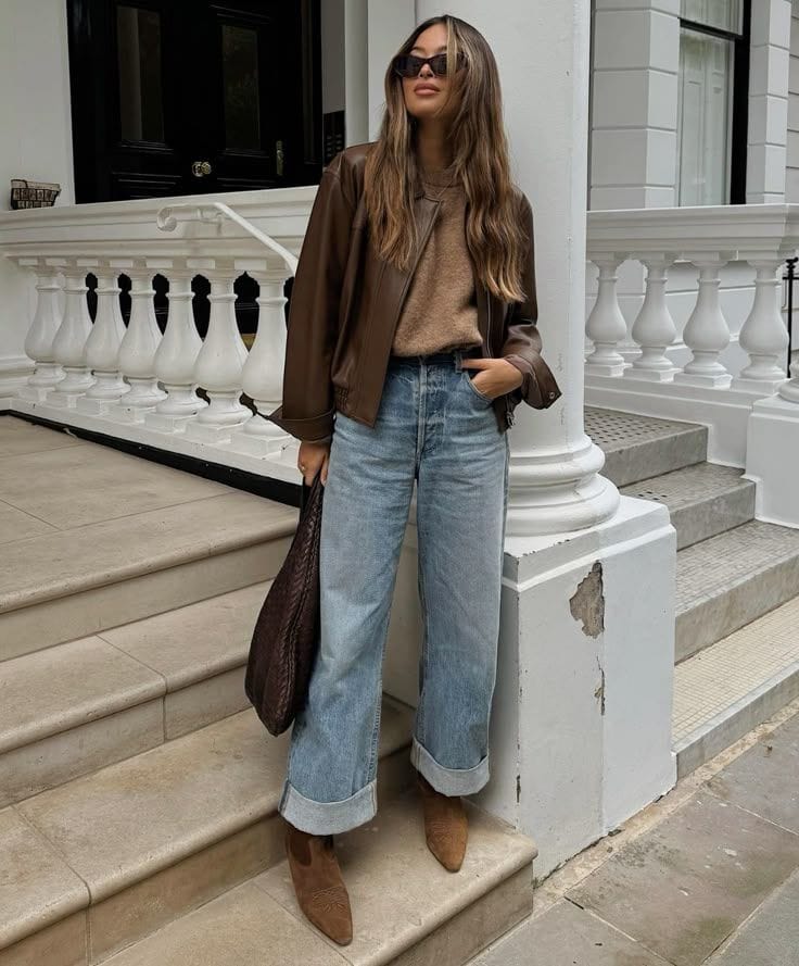 Light Wash Baggy Jeans With Cuffed Hems And Bomber Jacket — Trendy Baggy Jeans Outfits