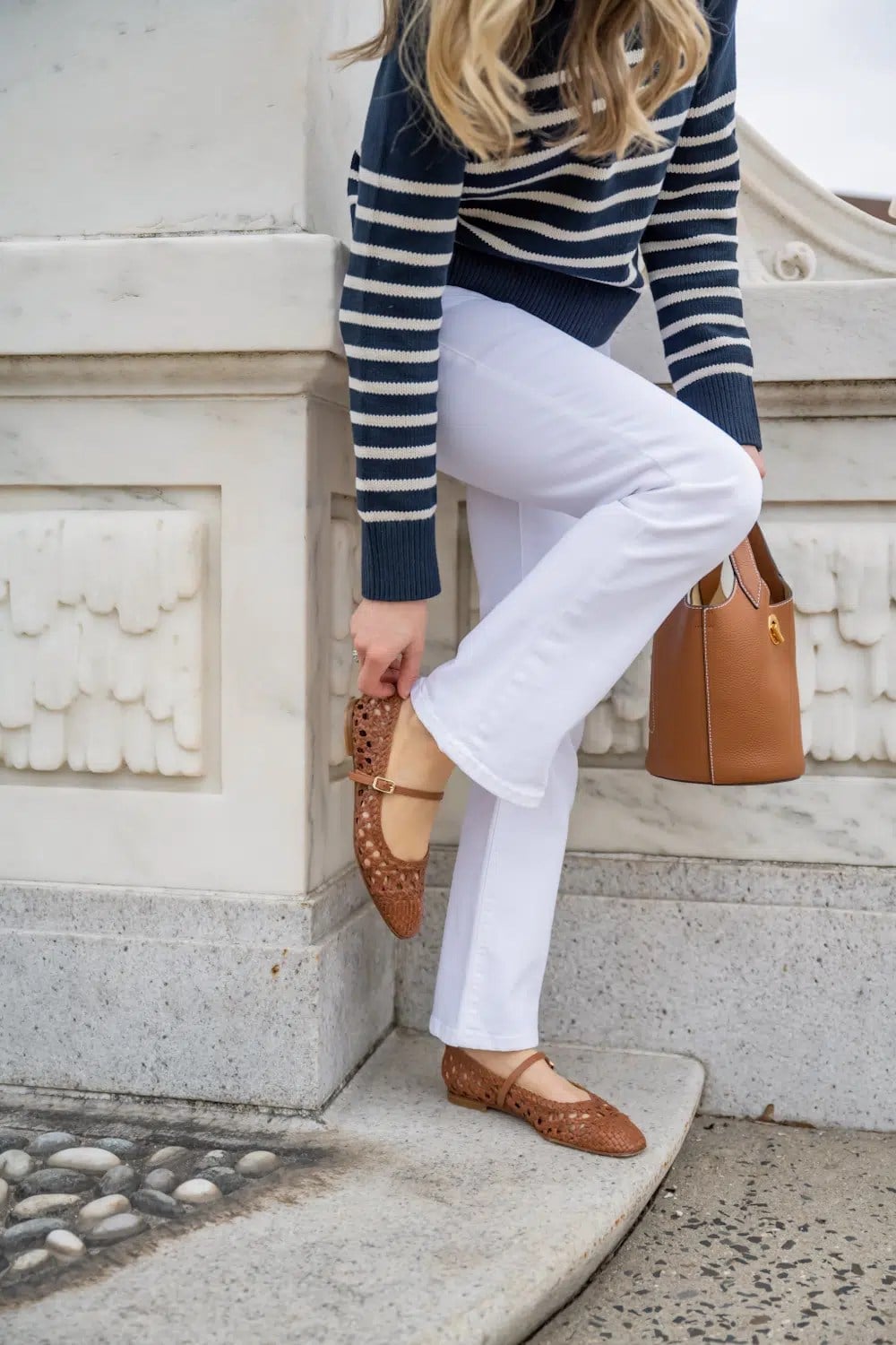 Woven Ballet Flats With Striped Sweater — Trendy Ballet Flats Outfits
