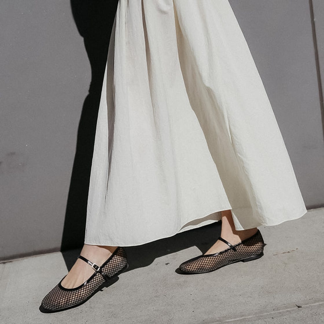 Black Mesh Ballet Flats With Flowing Skirt, Close-Up Take — Trendy Ballet Flats Outfits