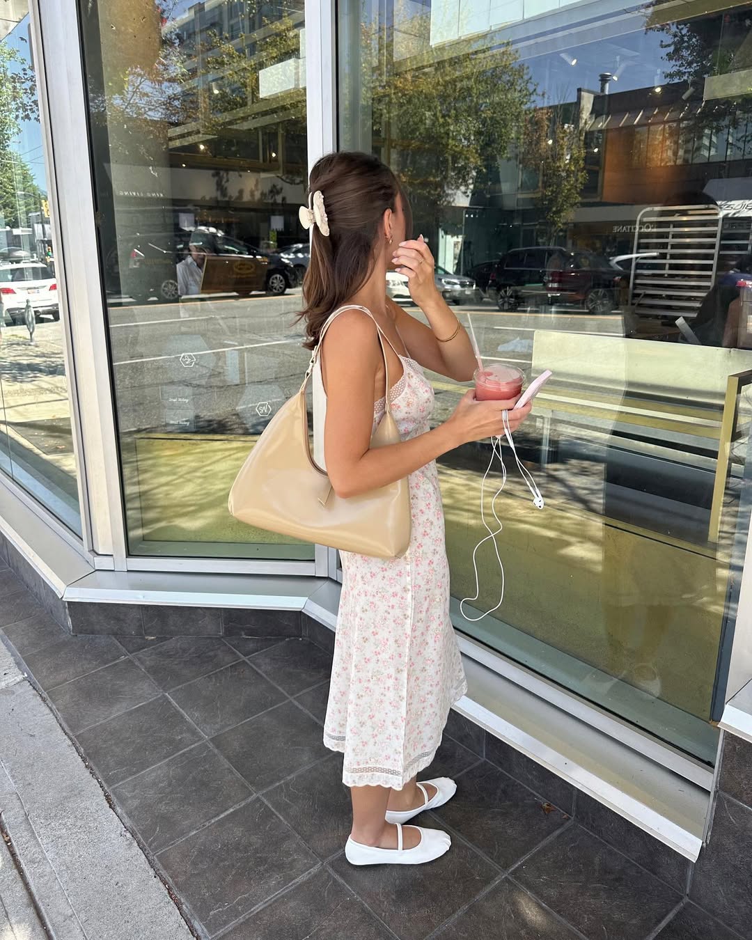 White Ballet Flats With Floral Slip Dress and Lace Trim — Trendy Ballet Flats Outfits