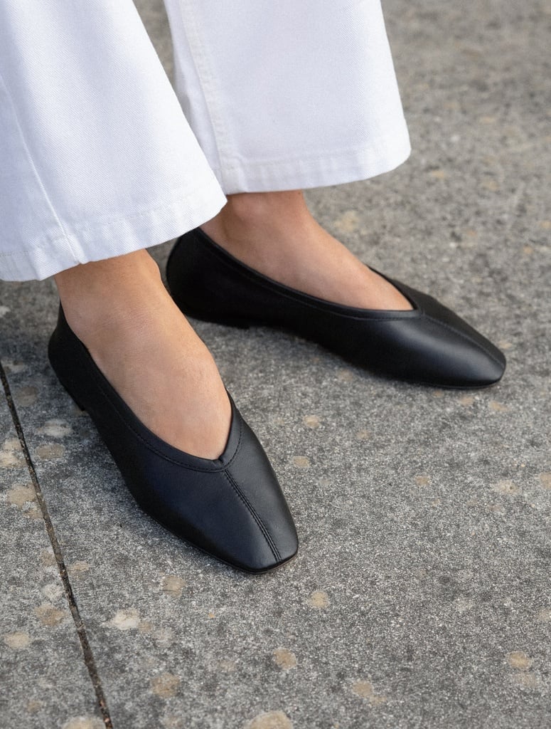 Black Square Toe Ballet Flats With Cropped Trousers, Close-Up Take — Trendy Ballet Flats Outfits