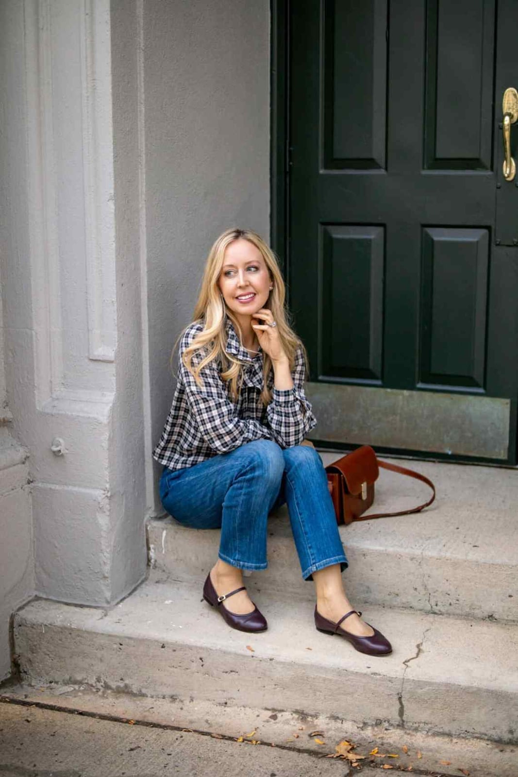 Ankle Strap Ballet Flats With Plaid Shirt — Trendy Ballet Flats Outfits