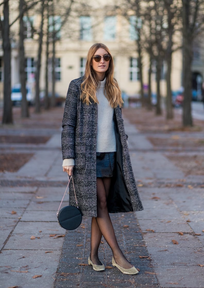 Glitter Ballet Flats With Plaid Coat — Trendy Ballet Flats Outfits