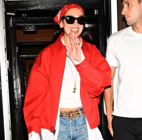 Red Bandana Headscarf With Bomber Jacket And Jeans, Denim Red Bandana Headscarf With Bomber Jacket And Jeans, Denim — Trendy Bandana Outfits