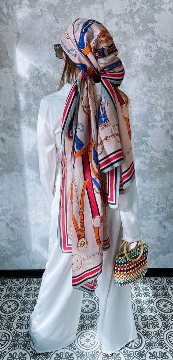 Ornate Silk Scarf Headscarf With White Dress, Close-Up Take Ornate Silk Scarf Headscarf With White Dress, Close-Up Take — Trendy Bandana Outfits