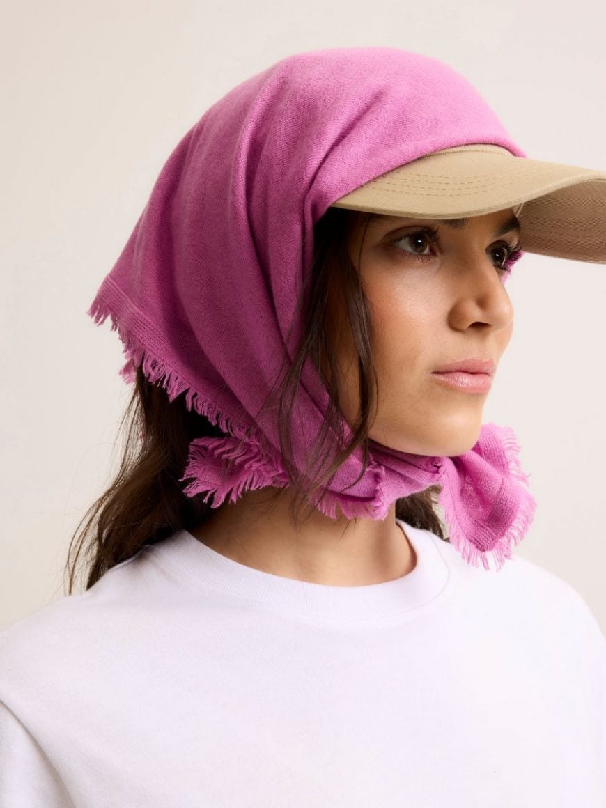 Pink Fringed Bandana Headscarf With Baseball Cap Pink Fringed Bandana Headscarf With Baseball Cap — Trendy Bandana Outfits