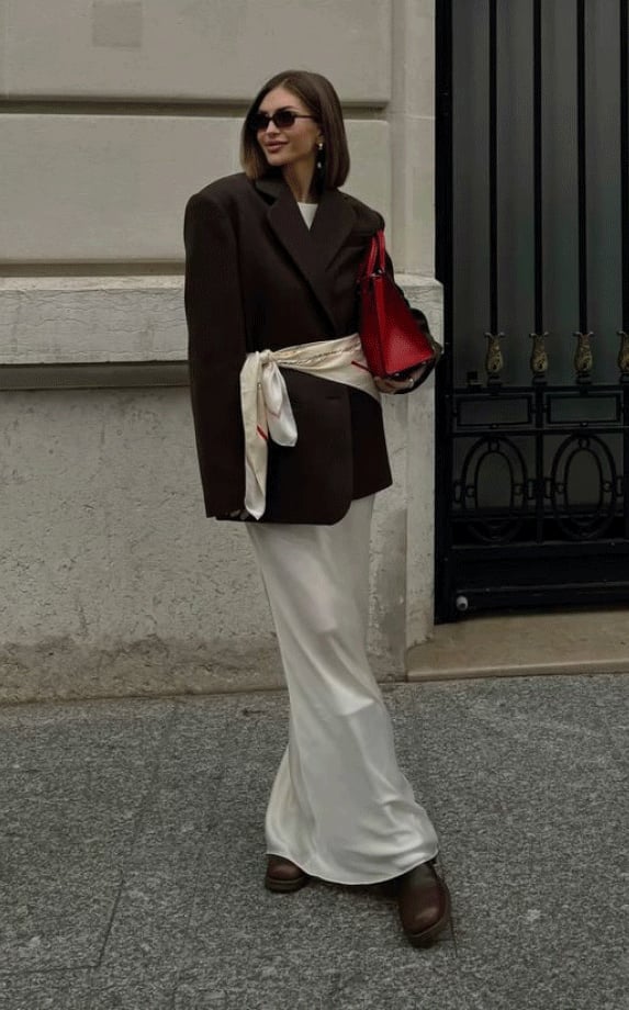Bandana Belt With Oversized Blazer And Slip Dress Bandana Belt With Oversized Blazer And Slip Dress — Trendy Bandana Outfits